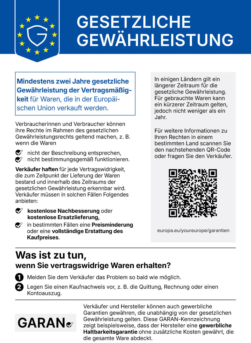 Offizieller EU-Hinweis zur gesetzlichen Gewährleistung für Waren mit Informationen zu Mängelrechten, Nachbesserung und Ersatzlieferung.