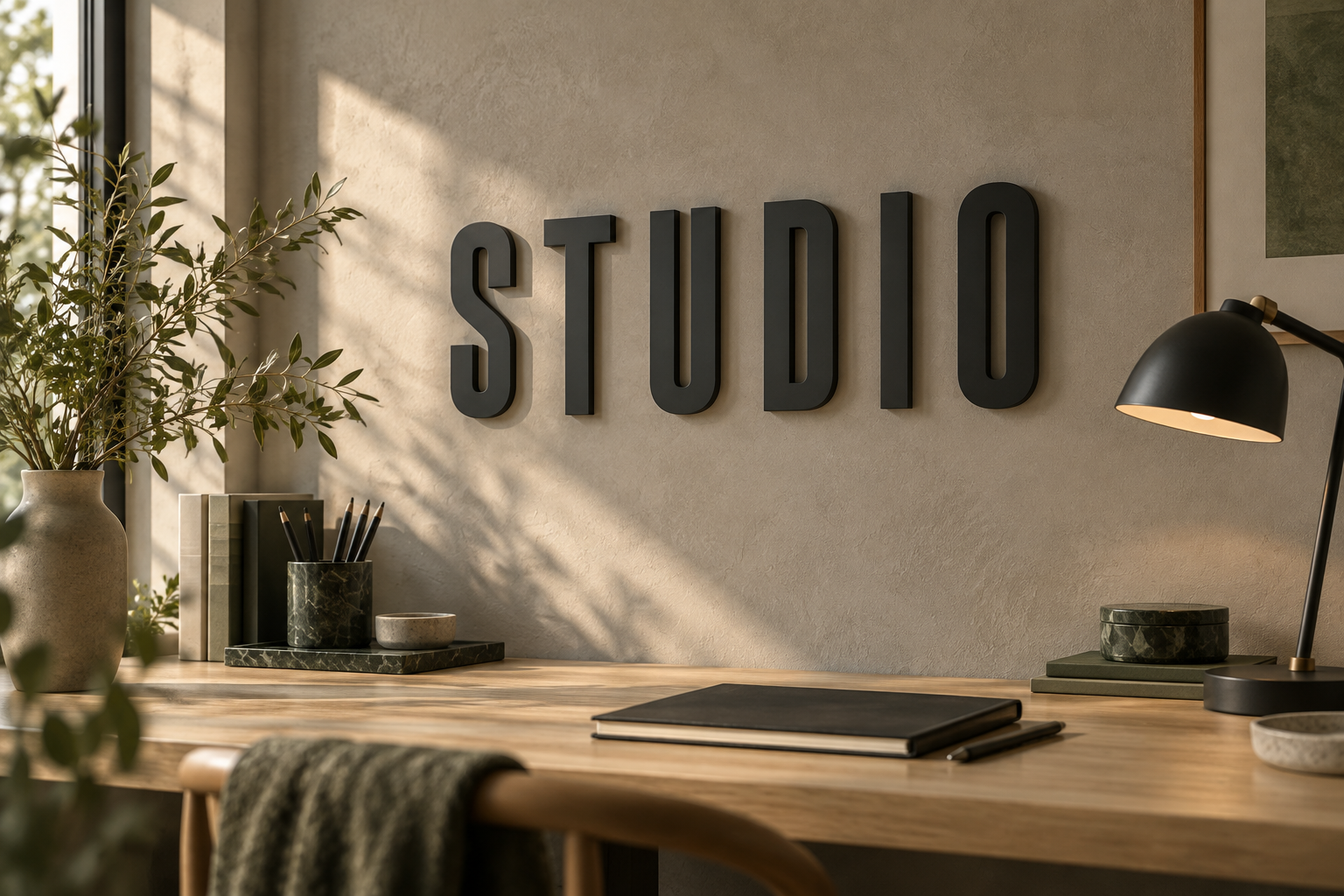 STUDIO aus einzelnen 3D-Druckbuchstaben, inspiriert von Barlow Condensed – KI-Visualisierung