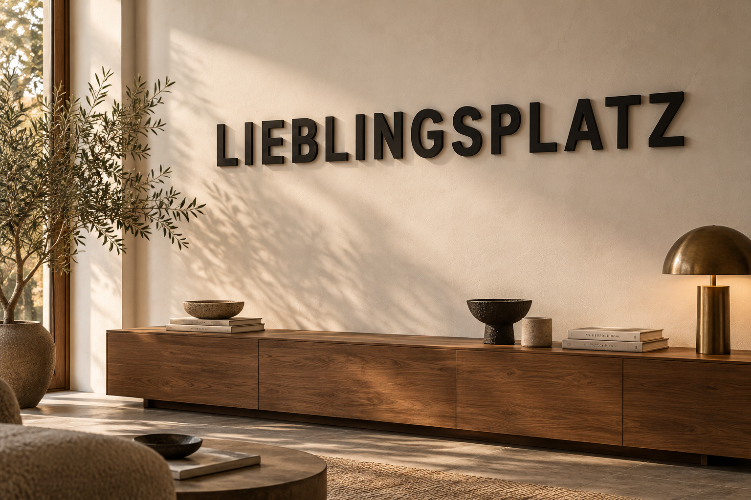 Schwarze einzelne 3D-Druckbuchstaben LIEBLINGSPLATZ im Wohnraum – KI-Visualisierung